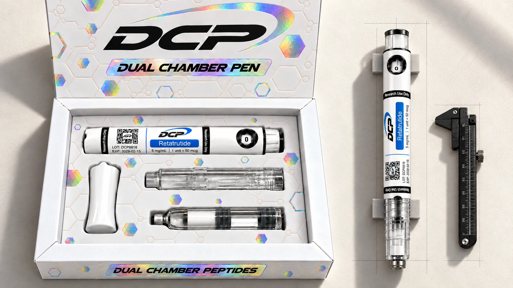 Dual Chamber Peptides — Composizione editoriale di prodotti; non è una fotografia di strutture, accessori o risultati di test reali.