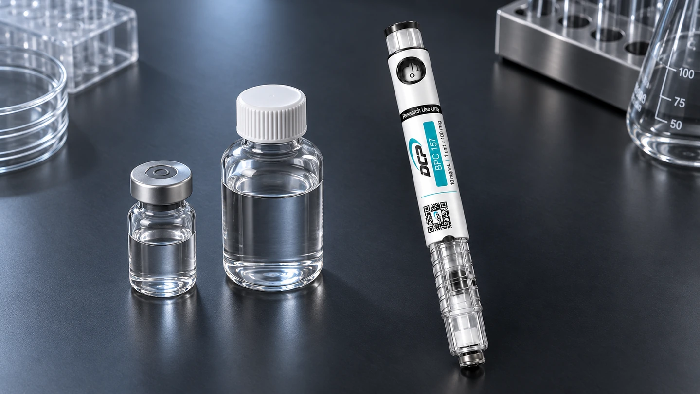 Penna Dual Chamber Peptides accanto a una fiala convenzionale, un flacone di solvente e attrezzatura da laboratorio confezionata
